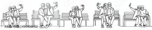 line art of old couple sitting on a park bench taking a selfie together