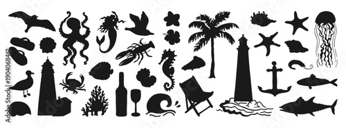 Hand drawn coastal living illustration, ocean travel stamp with Mediterranean travel silhouette sticker. Italian summer mood featuring food wine, Amalfi coast grunge shape seafood seaside aesthetic