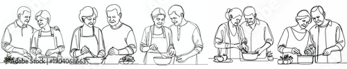 line art of a old couple cooking together on Valentine's Day