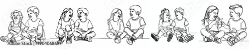 line art of two small children sitting on the floor laughing together