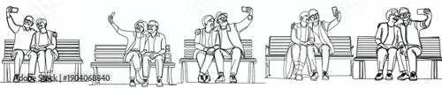 line art of old couple sitting on a park bench taking a selfie together