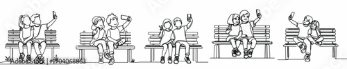 line art of two children sitting on a park bench taking a selfie together