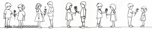 line art of two children giving flowers on Valentine's Day