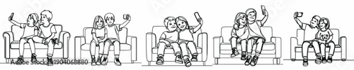 line art of two children sitting on a sofa taking a selfie together