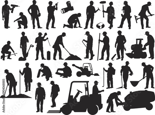 Construction workers silhouettes vector set, labor icons, industrial tools, heavy equipment, job site activities, black figures, editable illustration for design