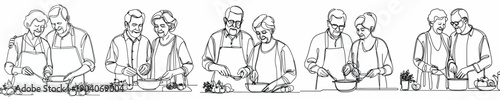 line art of a old couple cooking together on Valentine's Day