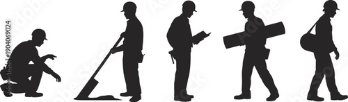 Construction workers silhouettes, hard hat laborers, industrial job site crew, vector illustration of diverse roles, teamwork, tools, and manual work poses