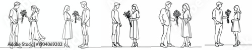 line art of a couple giving flowers on Valentine's Day