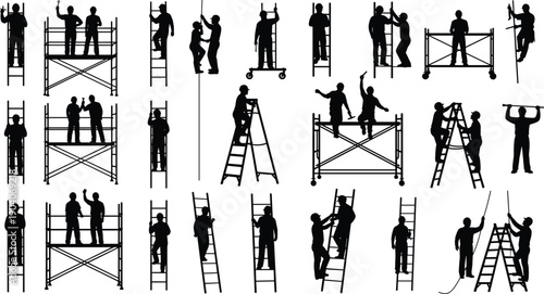 Construction Workers Vector Silhouette Set, Builders Climbing Ladders, Standing on Scaffolding, and Working on Site, Representing Labor, Repair, and Building Industry