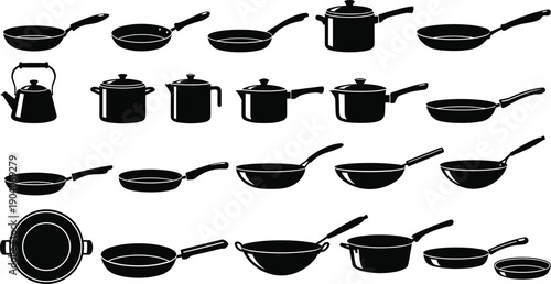 Cookware silhouettes vector illustration set, kitchen pans pots and kettles collection, cooking equipment icons for culinary design, black isolated on white background