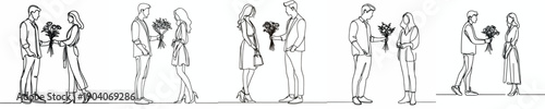 line art of a couple giving flowers on Valentine's Day