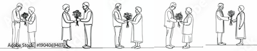 line art of a old couple giving flowers on Valentine's Day