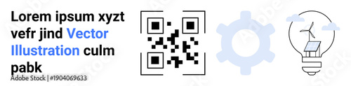 Technology, renewable energy, automation, QR code usage, innovation, industrial development. Image shows a QR code, a gear and a light bulb containing solar and wind energy symbols. Technology