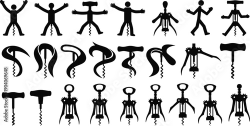 Corkscrew character silhouettes vector set, creative wine opener shapes collection, funny human figures and abstract forms, bar tools illustration, black minimal icons