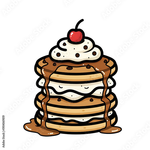 stack of gourmet pancakes with maple syrup dripping over layers of whipped cream and a cherry on top illustration