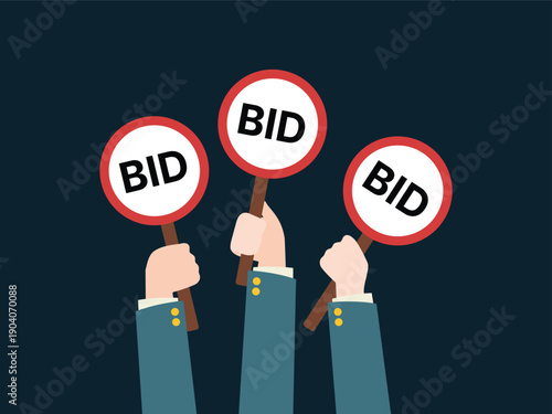 Vector illustration of three business hands holding auction paddles with BID text on a dark background