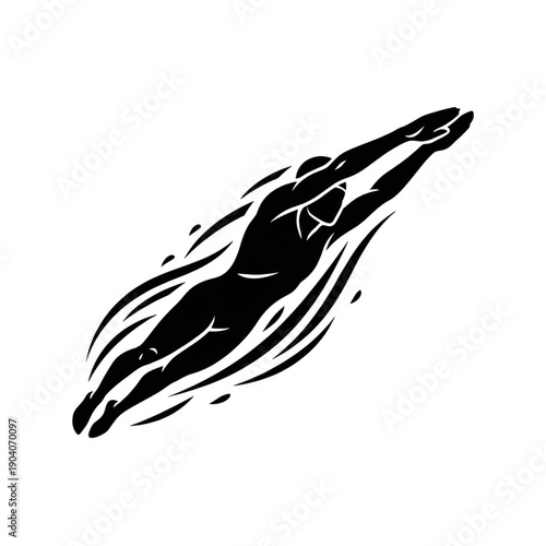 minimalist black silhouette of swimmer diving into water representing competitive swimming sports and aquatic fitness