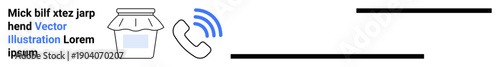 Communication systems, customer service, telecommunication design, user interface, digital media, service icons. Phone icon emitting signal waves with text and jar shape. Communication systems