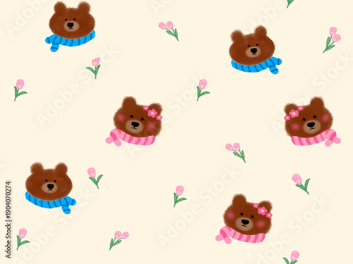 seamless pattern of cute bears and small roses on ivory background.