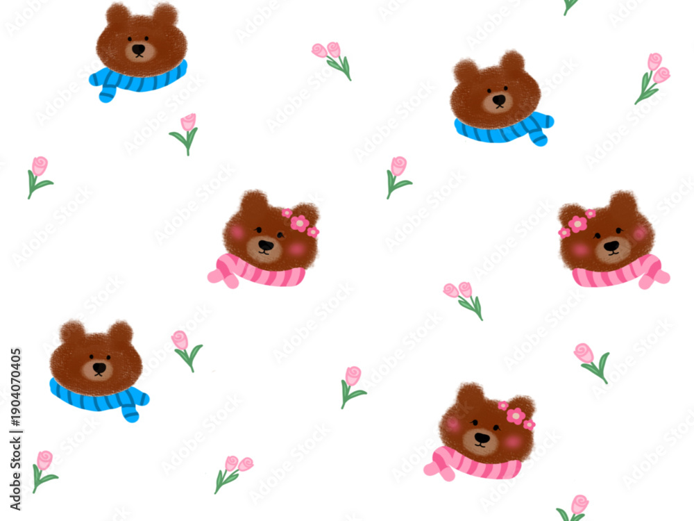 Fototapeta premium seamless pattern of cute bears and small roses on white background.