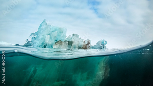 Glacier iceberg melt, cause of sea level rise, fifty-fifty underwater
