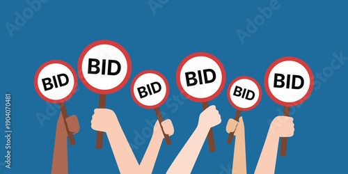 Diverse hands holding auction paddles with BID text. Flat vector illustration of a competitive bidding process on a blue background, perfect for business and commerce concepts