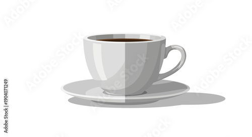 White cup of black coffee with a saucer casting a shadow, on an isolated white background.