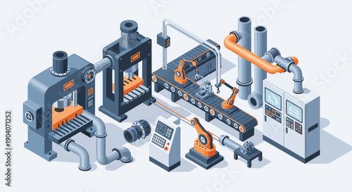 Isometric illustration of an automated factory production line with robotic arms and industrial machinery, representing modern manufacturing.
