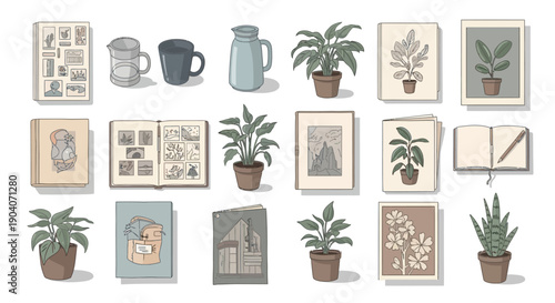 Collection of hand-drawn illustrations featuring potted plants, books, mugs, and home decor items on a bright studio background.