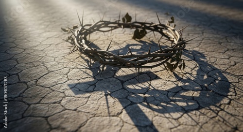 A thorny crown cast a shadow over a cracked, dry ground, lit by a soft light