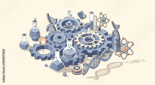 Engineering and science concept with interconnected gears, DNA strands, and laboratory flasks on a bright studio background.