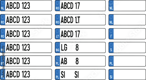 Collection of European Union Vehicle License Plate Templates Featuring Country Codes for Romania Poland Netherlands and Bulgaria for Automotive Industry and Transport Graphic Design