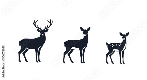 Three Deer Silhouettes Standing Together On White Background.