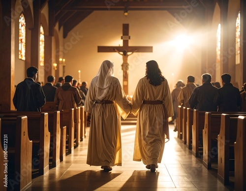 Two figures in long robes, hand-in-hand, walk the aisle of a sunlit church towards a large crucifix, surrounded by people