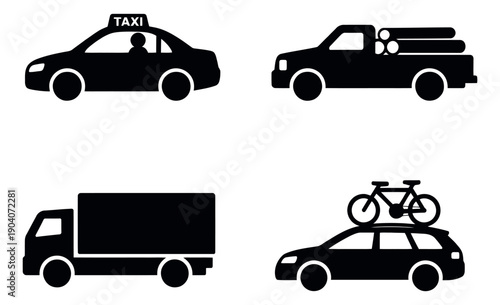 Iconic vehicle set featuring a taxi, a pickup truck with logs, a delivery truck, and a car with a bicycle for transport and delivery concepts