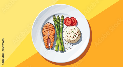 Healthy meal with grilled salmon, asparagus, and rice on a white plate.