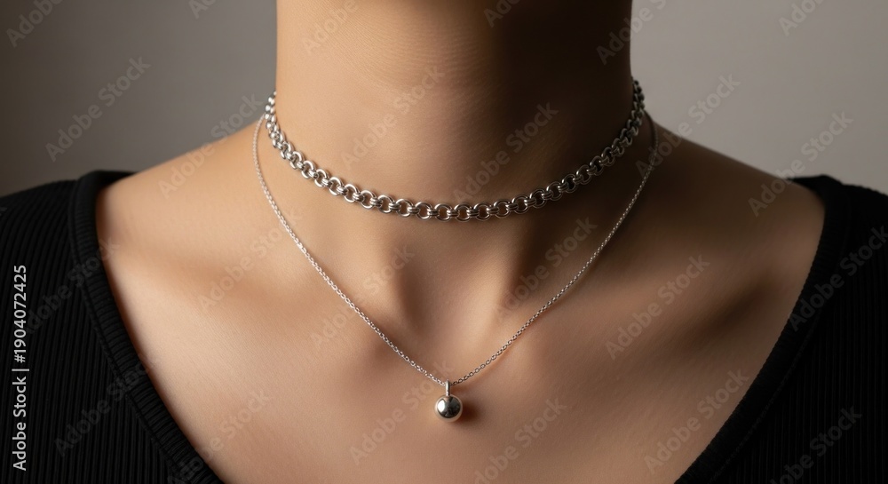 custom made wallpaper toronto digitalClose-up of a person's neck wearing two silver chain necklaces, one a choker
