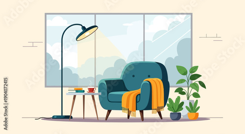 Cozy living room with armchair and potted plants.