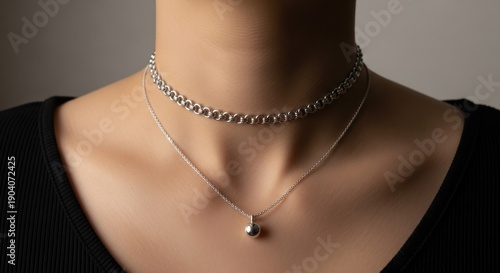 Wallpaper Mural Close-up of a person's neck wearing two silver chain necklaces, one a choker Torontodigital.ca