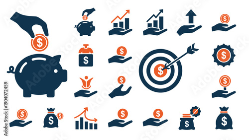 Assorted finance and business icons featuring graphs, targets, and money.
