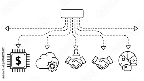 Integrated business workflow illustrating finance, collaboration, and growth through gears and handshake.
