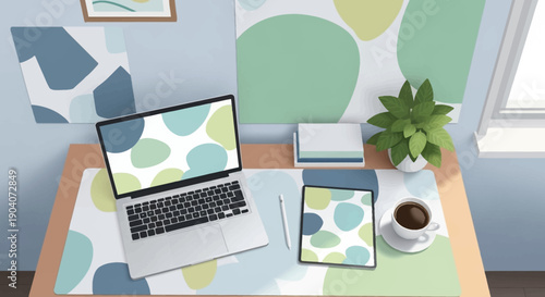 Modern workspace with laptop and tablet on a colorful desk.