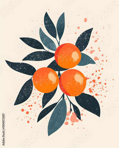 Vibrant flat design illustration featuring ripe oranges on a dark leafy branch, artistically accented with paint splatters, isolated on a light background for a fresh, modern aesthetic