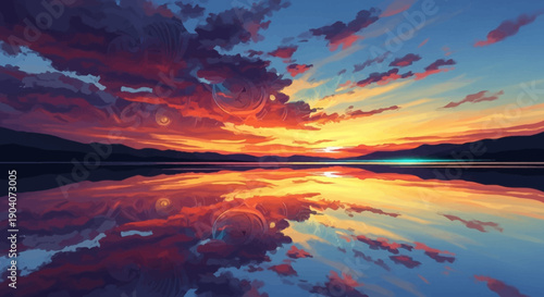 Vibrant sunset over calm lake with mirrored reflection of colorful clouds.