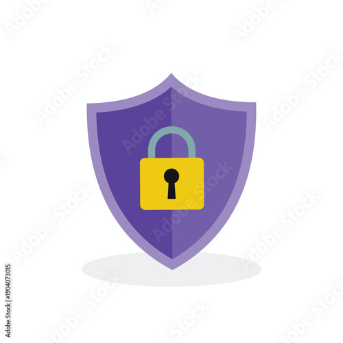 Purple shield icon with a yellow padlock symbol, representing data protection, cyber security, and mobile privacy