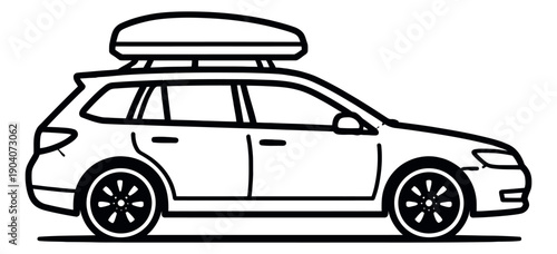 Line art illustration of a station wagon with a roof box depicting a vehicle equipped for a road trip for travel and outdoor adventures