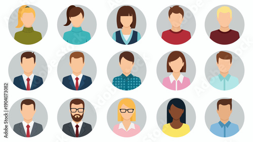 Diverse group of illustrated business and casual professionals in circular avatars illustrating teamwork and individuality.