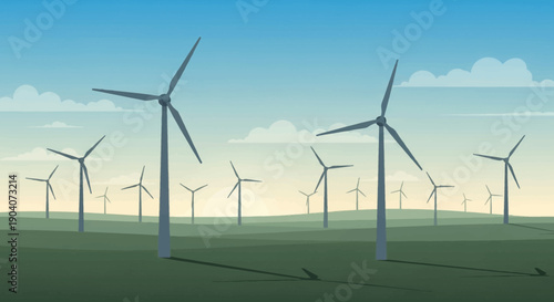 Wind turbines in a green field under a blue sky with clouds.