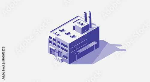 Isometric illustration of an industrial building with smokestacks and machinery.