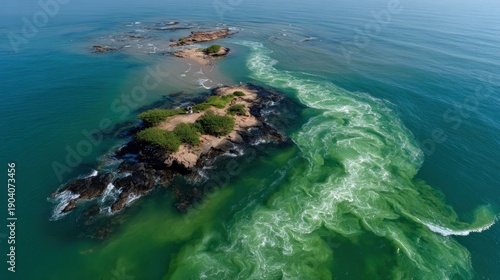 Aerial view of a small island with churning green water meeting clear sea